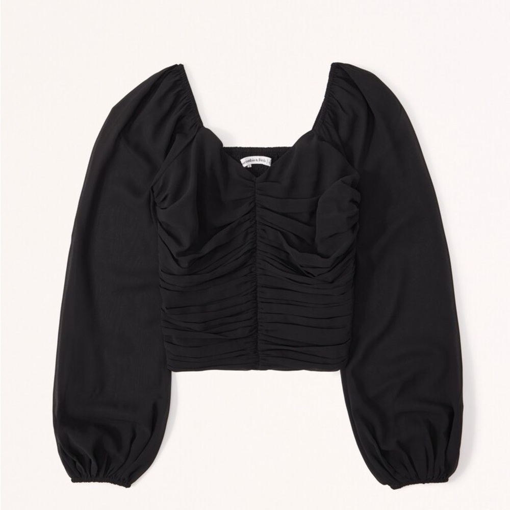 Black Long Sleeve Ruched Sweetheart Top